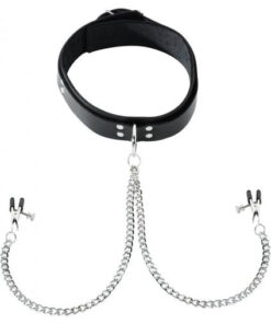Black Leather Collar With Broad Tip Nipple Clamps