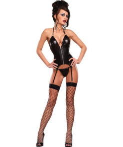 Front Zip Up Merry Widow Corset & G-String Large Black