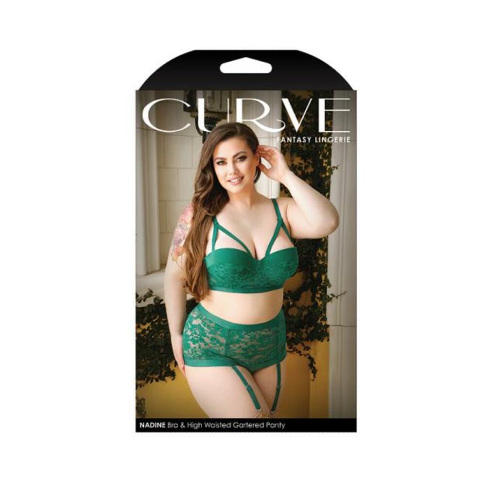 Curve Nadine Longline Contour Cup Bra & High Waist Panty With Removable Garters Emerald 3x/4x