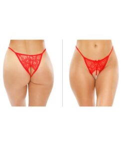 Calla Crotchless Lace Pearl Panty Red S/m