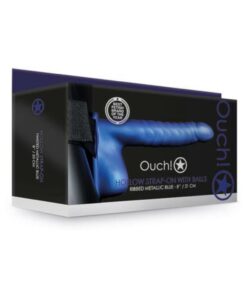 Ouch! Ribbed Hollow Strap-on With Balls 8 In. Metallic Blue