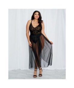 Dreamgirl Plus-size Stretch Lace Teddy & Sheer Mesh Maxi Skirt With Adjustable Straps & G-string Bla