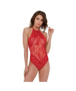 Dreamgirl Eyelash Lace Halter Teddy With High Tie-neck Closure & Snap Crotch Red Xl Hanging