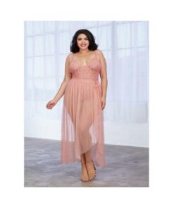Dreamgirl Plus-size Stretch Lace Teddy & Sheer Mesh Maxi Skirt With Adjustable Straps & G-string Ros