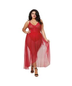 Dreamgirl Plus-size Stretch Lace Teddy & Sheer Mesh Maxi Skirt With Adjustable Straps & G-string Rou