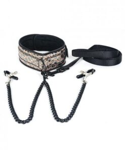 Spartacus Faux Leather Collar & Leash Black Nipple Clamps Gold