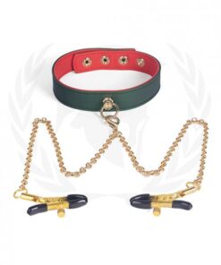 Spartacus Pu Collar W/nipple Clamps - Green