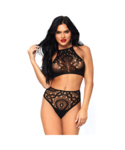 2pc Crochet Lace Halter Crop Top With Strappy Back Detail And Matching High Waist Thong Med/lg Black
