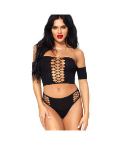 2 Piece Crop Top Net Detail and Thong Back Bottoms Black O/S