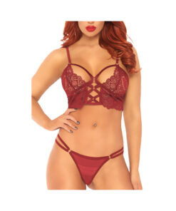 2pc Lace Bralette With Cage Strap O-ring Bodice Detail And Matching Duel Strap Sheer G-string.