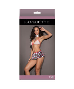 School Girl Fishnet Bralette W/ Plaid Knit Skirt & Collar White/red Os