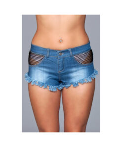 Denim Shorts With Fishnet Top Trimming  Frindge Bottom Black Small