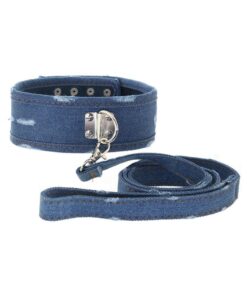 Ouch! Denim Collar - With Leash - Roughened Denim Style - Blue