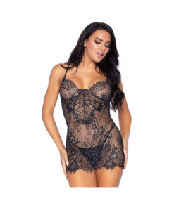 2-piece Eyelash Lace Rhinestone Backless Mini Dress And Matching G-string Large Black
